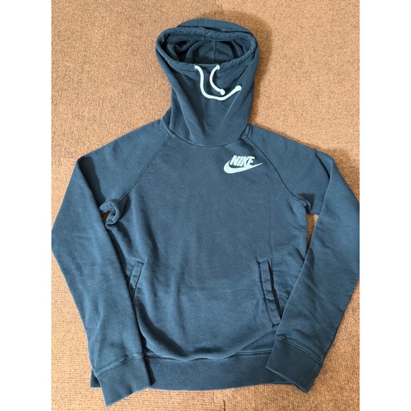 Nike Tops - Nike Womens Funnel Neck Scuba Hoodie Black Fleece Pullover Small Raglan Logo
